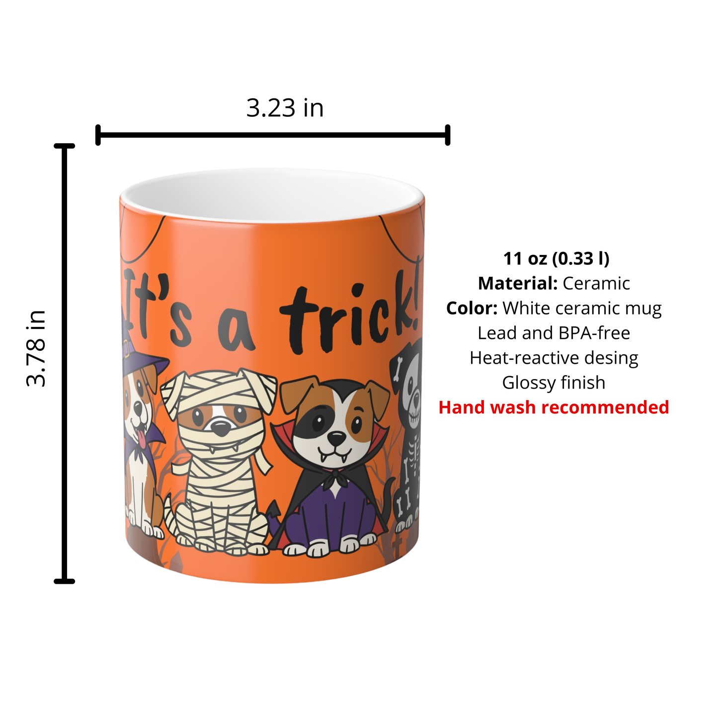 Dog Mom Halloween Magic Mug 🎃 | Orange Heat Reveal Cup with Costumed Dogs - "It's a Trick!"