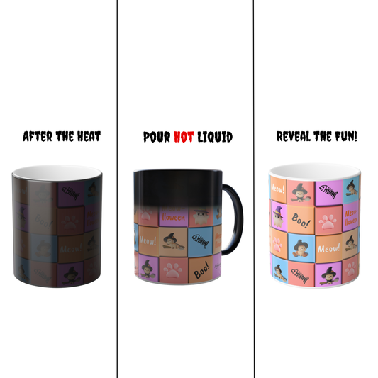 Meow-lloween Magic Mug 🎃 | 3D Style Cat & Pumpkin Squares Heat Reveal Coffee Cup