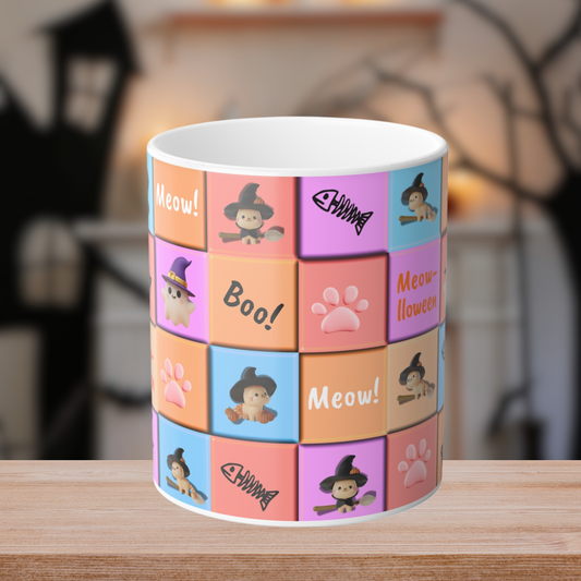 Meow-lloween Magic Mug 🎃 | 3D Style Cat & Pumpkin Squares Heat Reveal Coffee Cup